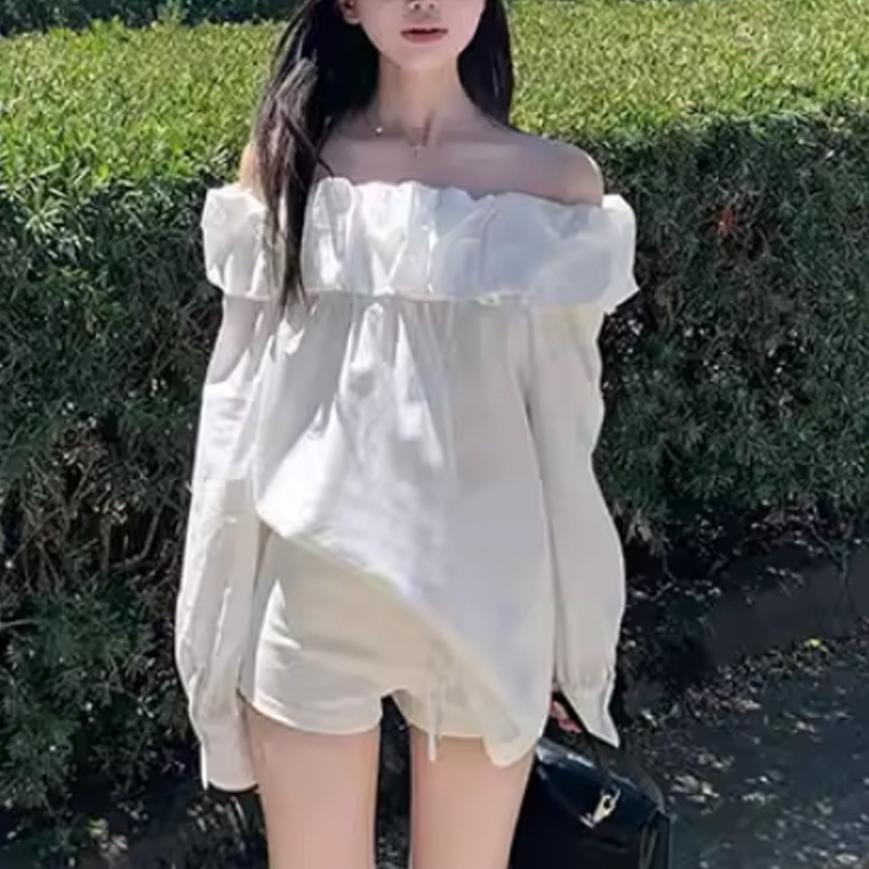 Love at First Sight: White Floral Collar Off-Shoulder Shirt for Women, Spring and Autumn Long-Sleeve Blouse with a Stylish and Youthful Vibe