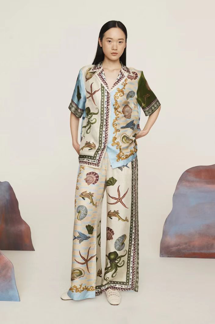 Turndown Neckline Regular Fit Fit Type Holiday Selfie Women's Casual Marine Style Streetwear Animal Linen Polyester Hemp Pant Co-ord Set Pants Sets