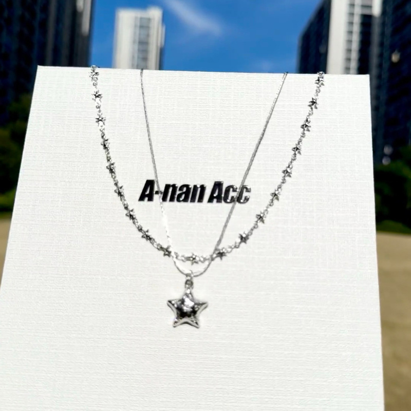 Silver Star Double-Layer Stacked Necklace Y2K Female Sweet Cool Sexy Clavicle Chain Niche Design Sweatshirt Chain