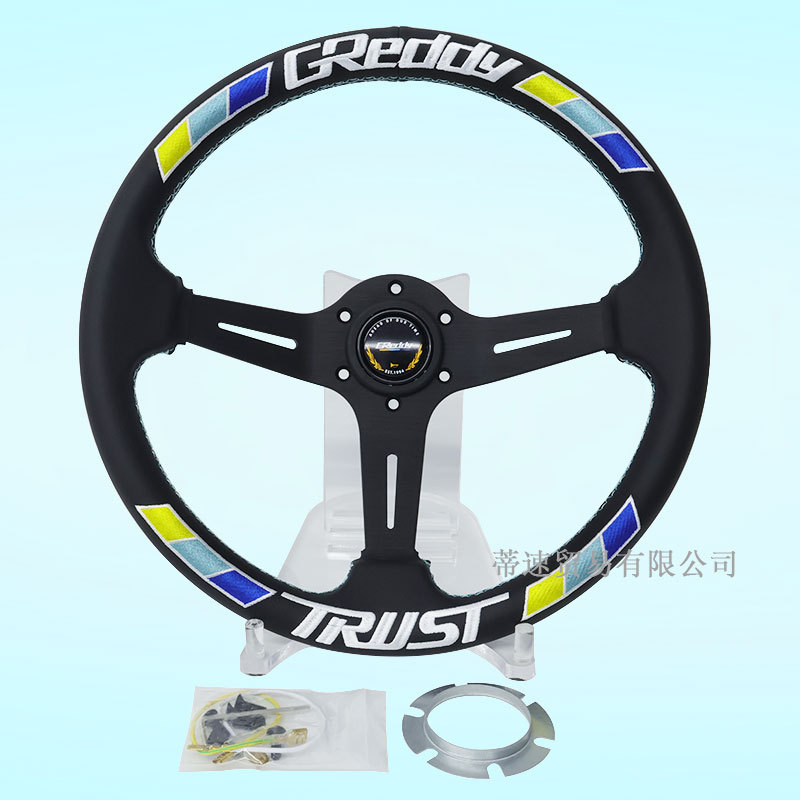 Factory direct sale GREDDY modified 14inch genuine leather steering wheel, personalized universal concave three-color stripe embroidered steering wheel