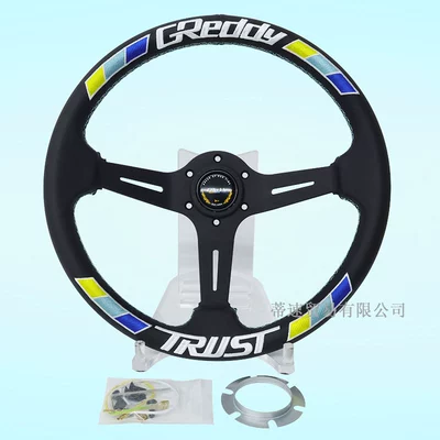 Factory direct sale GREDDY modified 14inch genuine leather steering wheel, personalized universal concave three-color stripe embroidered steering wheel (Steering wheel) - 14inch-genuine-leather-embroidered-steering-wheel