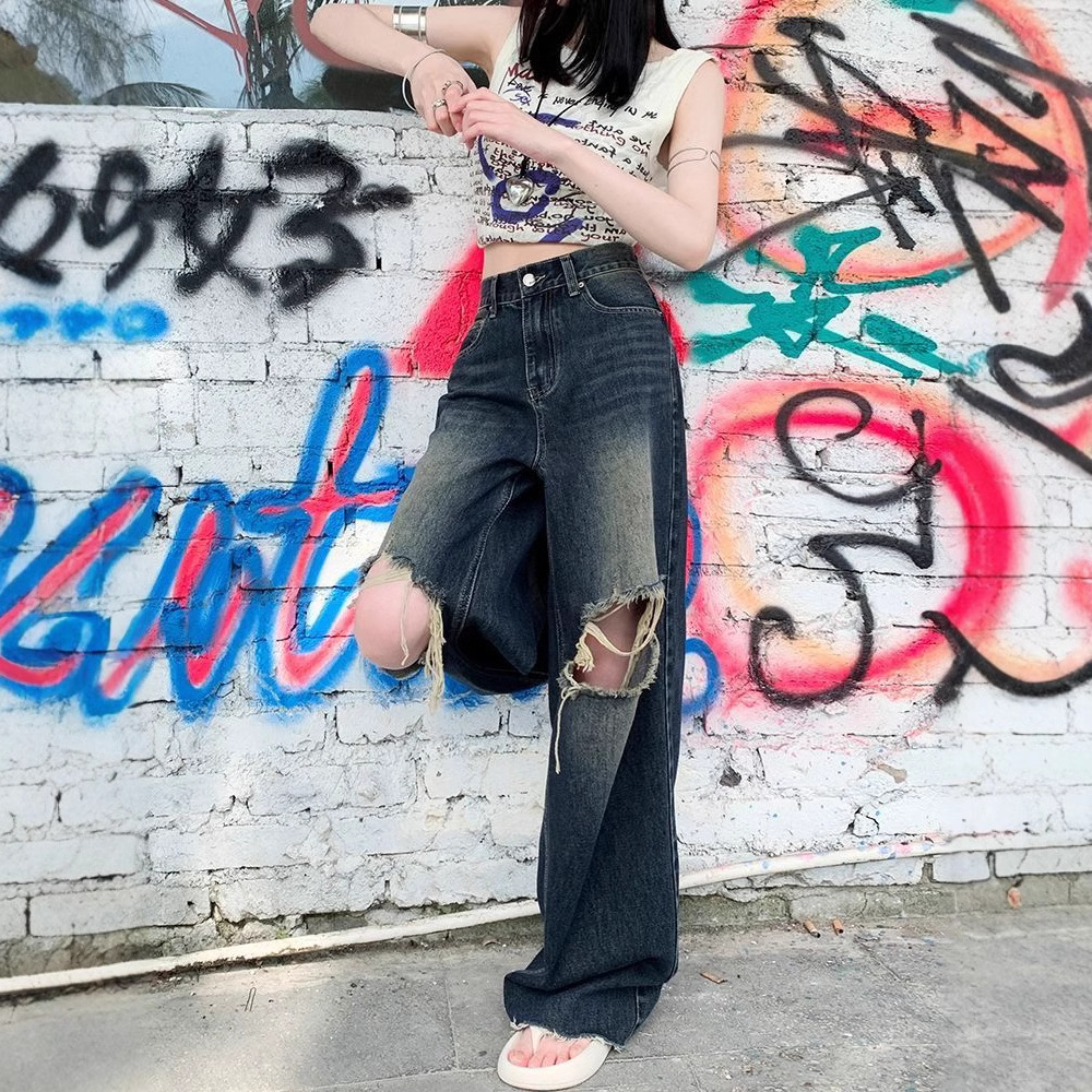 美式复古水洗破洞毛边直筒牛仔裤女夏季新款高腰垂感阔腿乞丐裤子