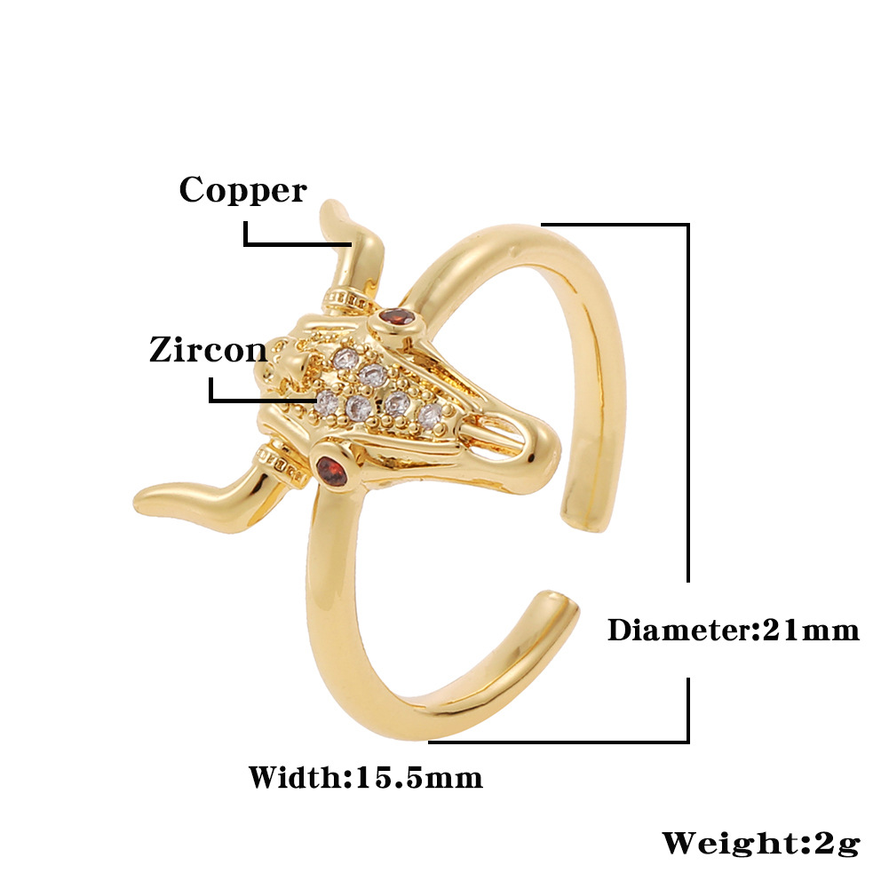 Mode Stierkopf Kupfer Vergoldet Zirkon Offener Ring display picture 1