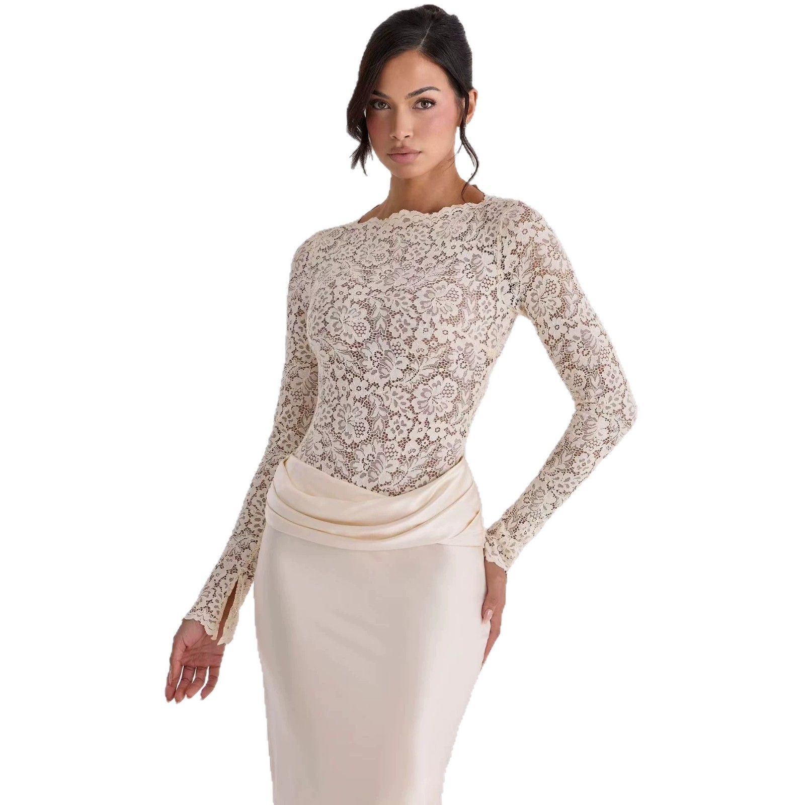 Women's Sexy Lace See Through Patchwork Bodycon Skirt Fashion Satin Pleated Fishtail Elegant_ecoleips.com