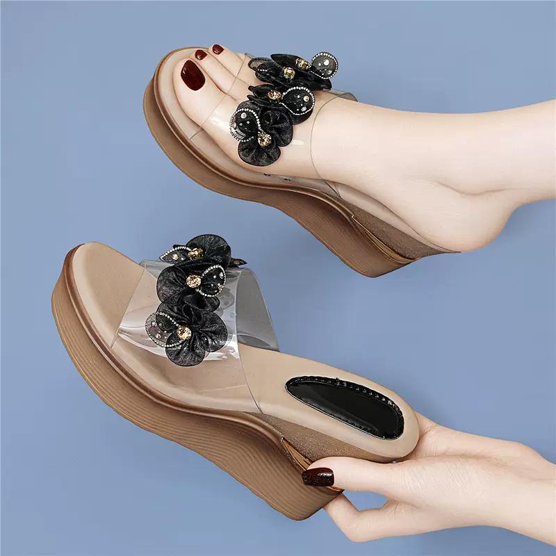 坡跟拖鞋女夏外穿2025百搭高跟水钻亮片厚底透明凉拖防水台一字拖