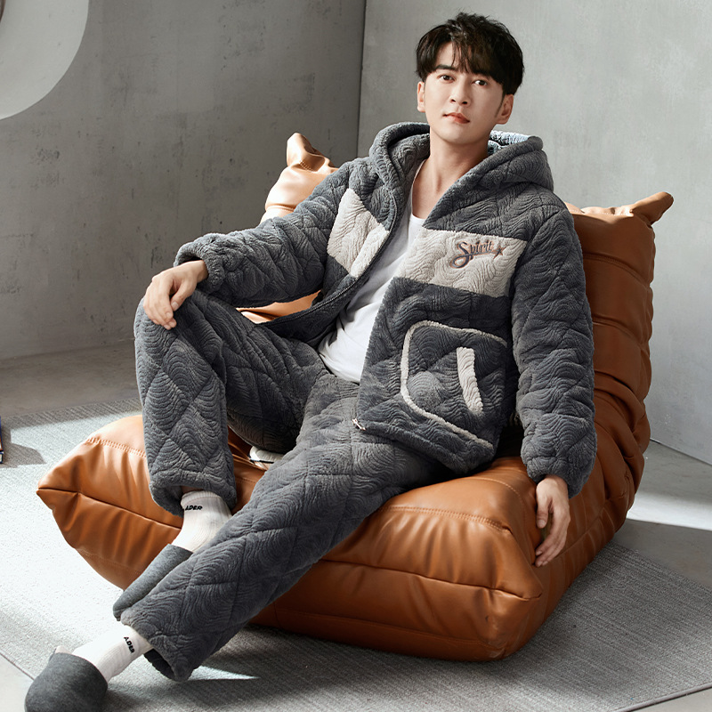 겨울 잠옷 남자의 두꺼운 기모 3 층 면 따뜻한 산호 양털 가을과 겨울 남자 플러스 사이즈 홈 세트