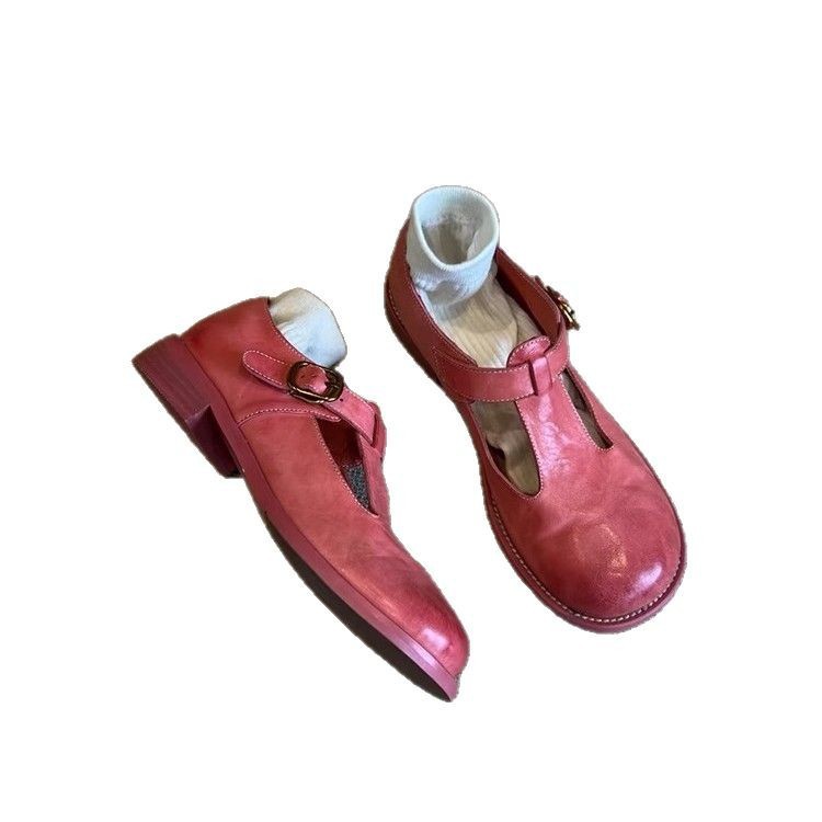 Retro Style Thick Heel Women's Round Head Brush Color Pumps