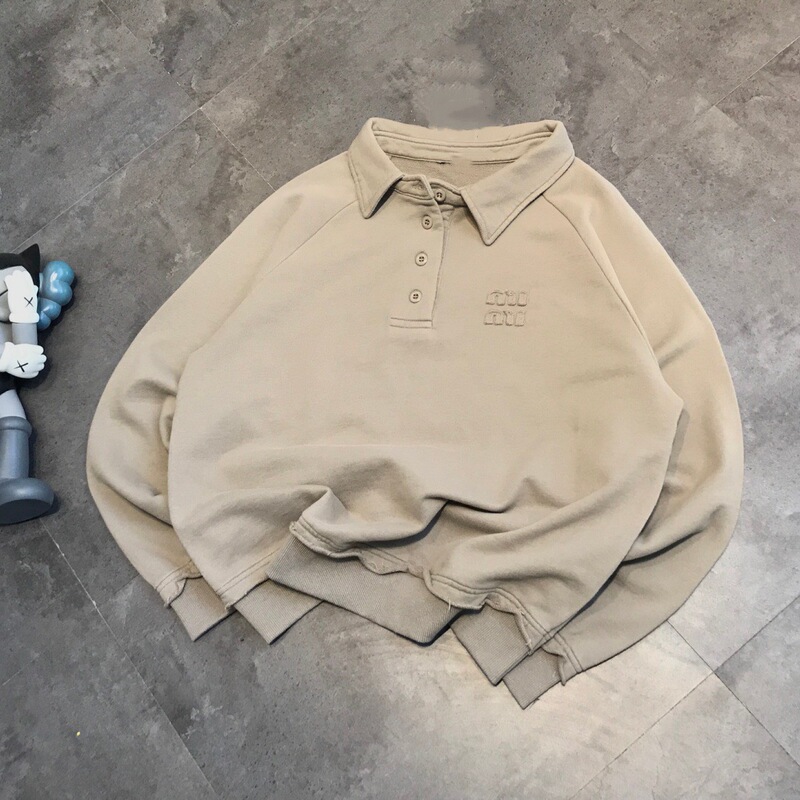 miu in-stock Miu-style lapel polo letter patch casual sweatshirt, unisex, spring and autumn simple top, trendy brand