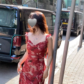 红色乔其纱碎花荡领吊带连衣裙女波浪边系带长裙开叉裙