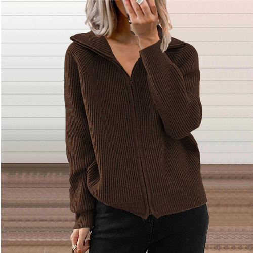 European and American Knit Zipper Cardigan Medium-Length Striped Casual Top Long-Sleeve Collar-Down Loose Sweater Cardigan Outerwear
