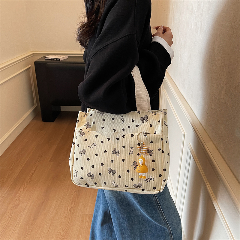 Fashion Printed Handbag Korean Style New Casual Work Commuting Handbag High-Value Corduroy Lunch Bag