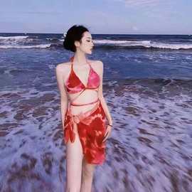 欧美风扎染分体比基尼三件套性感绑带ins风小胸聚拢温泉度假泳衣
