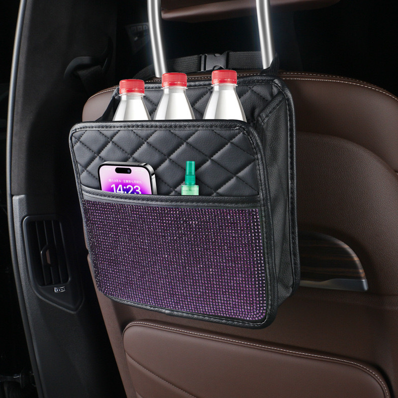 Bolsa de almacenamiento trasera de asiento de diamante de automóvil transfronterizo, bolsa colgante, caja de almacenamiento multifuncional, bolsa trasera de asiento de diamante montada en automóvil