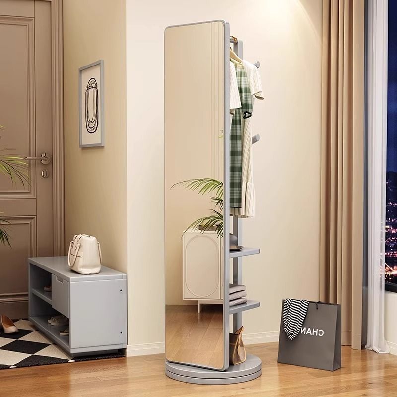 [Espejo a prueba de explosiones de alta definición] percha de sombreros de madera sólida multifuncional Espejo de cuerpo completo de suelo Espejo de vestir móvil y giratorio
