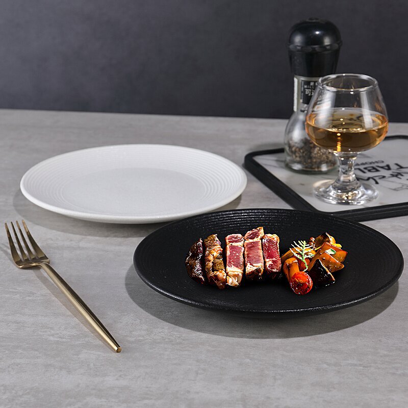 White Matte Line Ceramic Dish Plate Japanese-style Black Premium Sense Tableware Stir-fry Dish Plate Premium Sense Commercial Dining