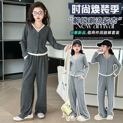 韓國女童時髦洋氣套裝春秋款2024新款兒童春裝連帽網紅休閒兩件套