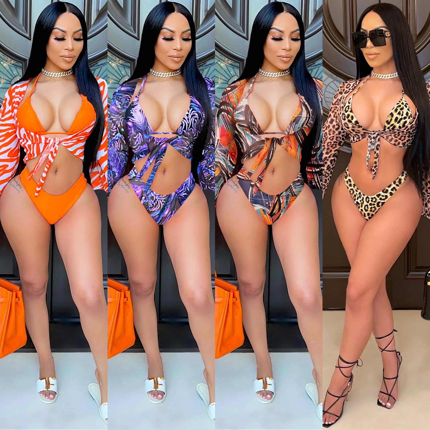X5067 Oferta especial, no se aceptan devoluciones ni cambios, compre con precaución, conjunto de camisola de tres piezas con estampado de leopardo y malla sexy.