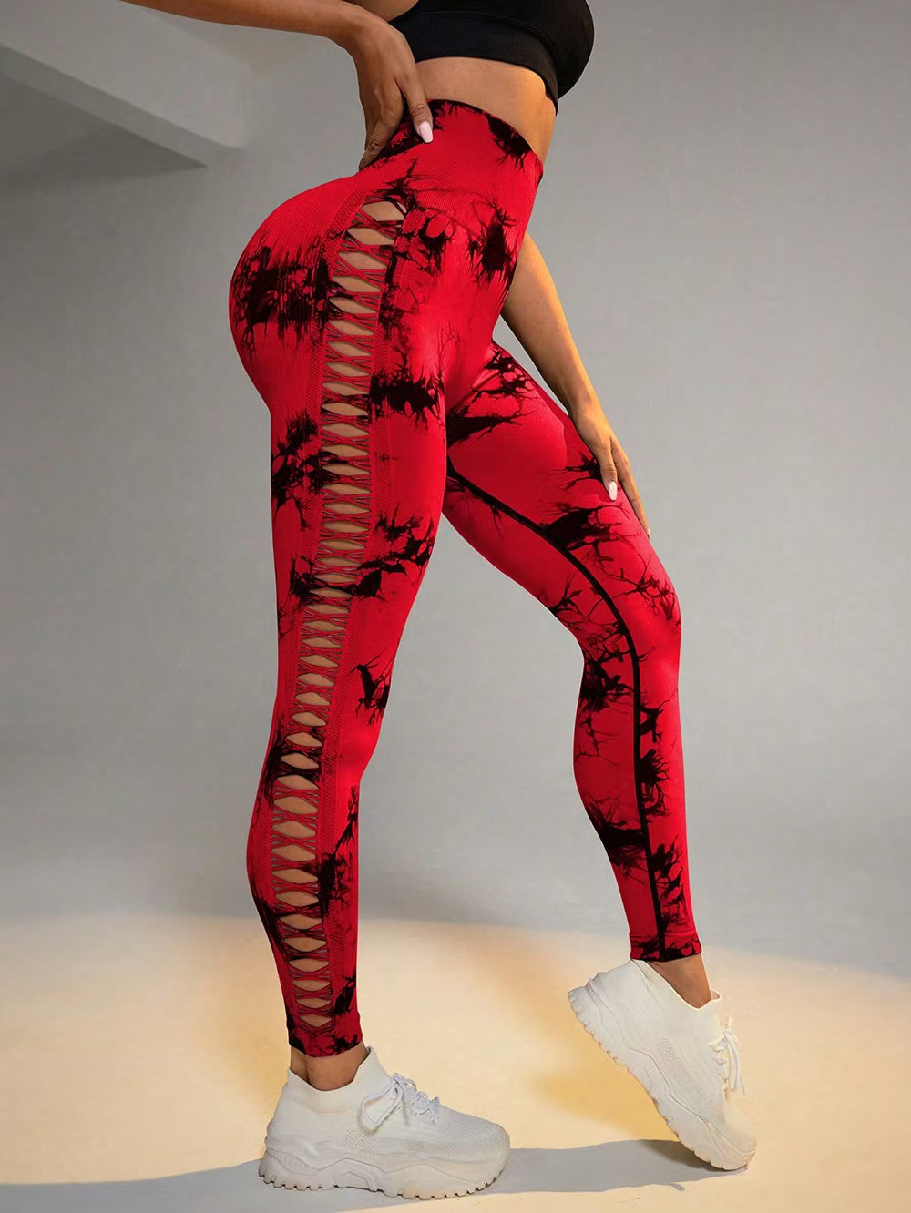 Transfronterizo de cintura alta hueco atado teñido de camisa de mel桃 hips fitness deportivo pantalones ajustados malla sexy ropa de yoga para mujeres