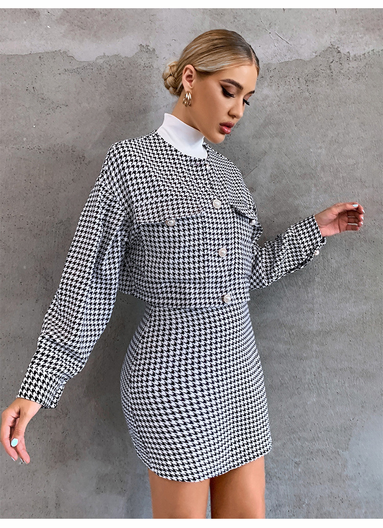 Single Breasted Houndstooth Long Sleeve High Waist Top & Short Skirt 2 Piece NSLIH113675