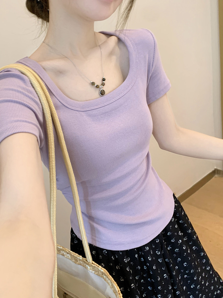 Taro Purple Cinched Waist Square Neck Short-Sleeve T-Shirt for Women, Summer 2026 New Slim-Fit Ruched Spicy Girl Short Top for Women