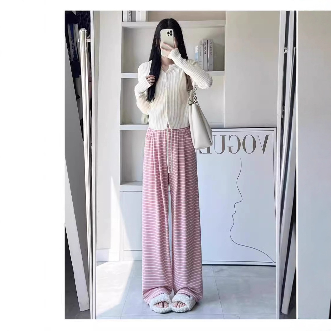 粉色横条纹阔腿裤女秋季薄款2025新款小个子宽松直筒运动休闲裤