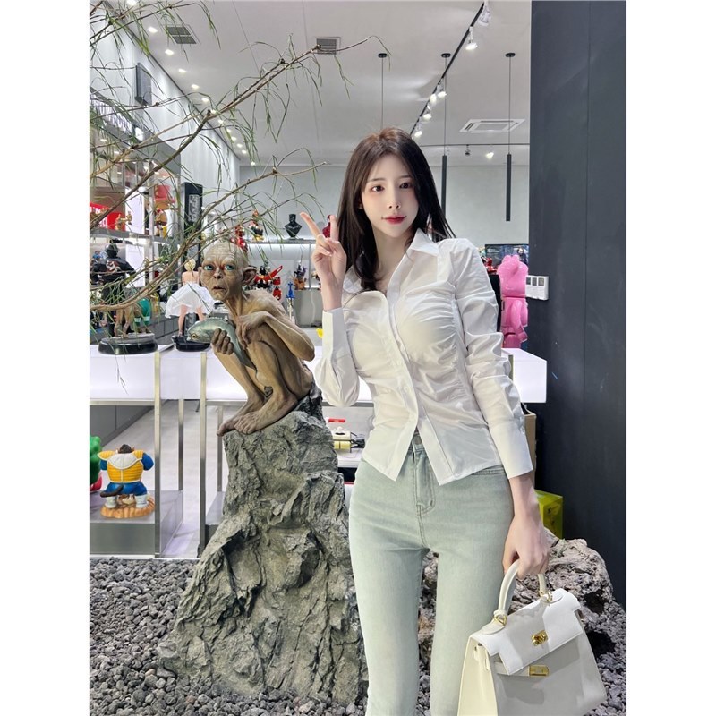Korean Style New Pure Desire Slim Fit 2024 Waist Pleated Lapel Design Sexy Pure Color Elegant Long-Sleeved Top Shirt Korean Style New Pure Desire Slim Fit 2024 Waist Pleated Lapel Design Sexy Pure Color Elegant Long-Sleeved Top Shirt