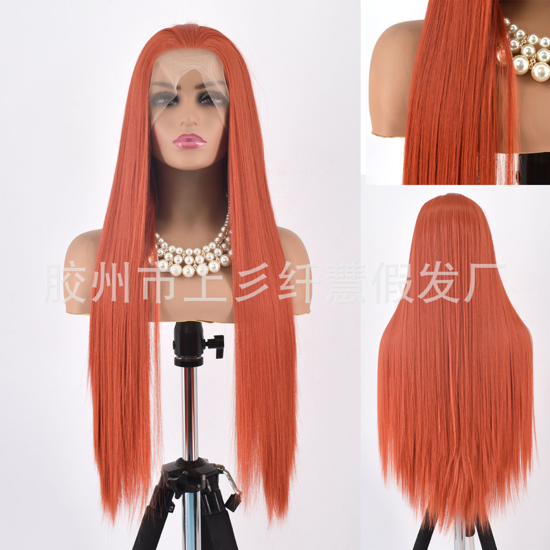 Hand-Crocheted Wig with Lace Front, Orange-Red Long Straight Hair for Women, High-Temperature Matte Chemical Fiber Wig, Wholesale from Manufacturer