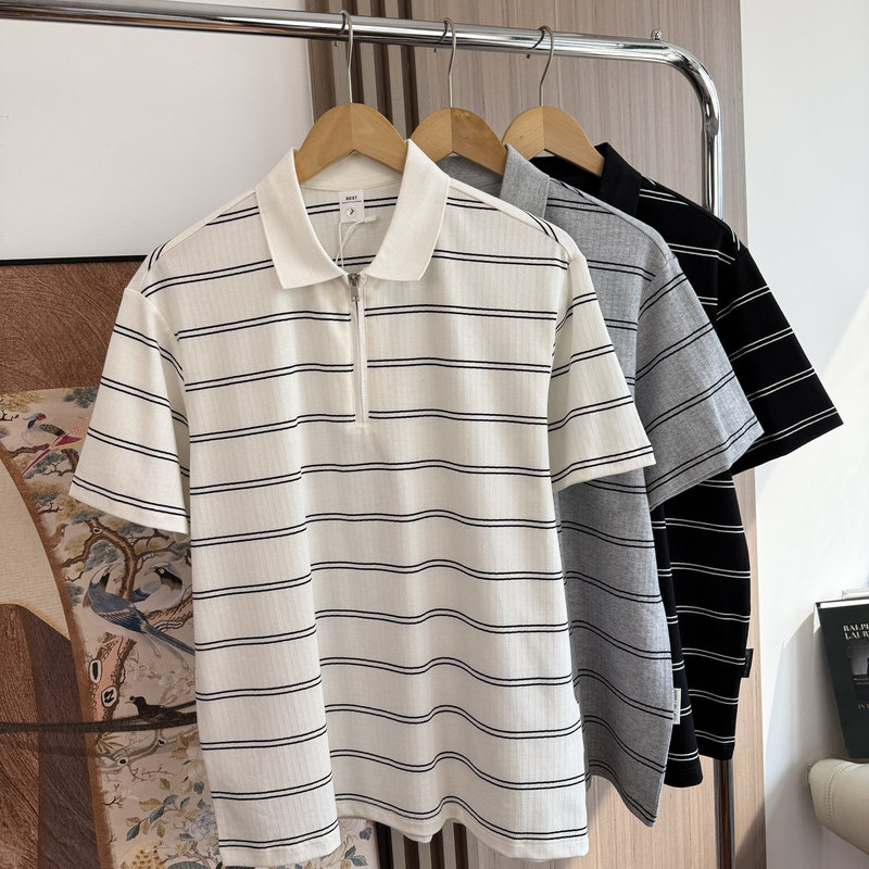 Retro Stripes! Half-Zip Design! Summer Men's Foreign Trade American-Style Casual Versatile Polo Shirt with a Turn-Down Collar and Short Sleeves