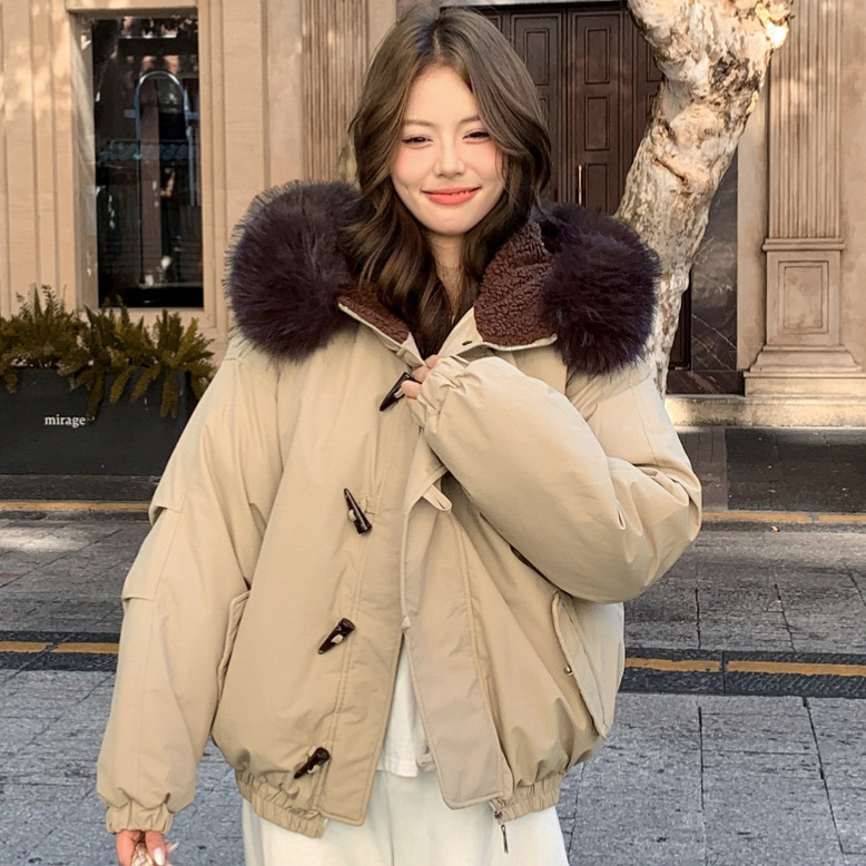 羽绒棉服女工装派克服毛领连帽牛角扣外套冬季2025宽松加厚保暖|undefined