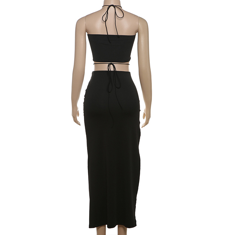 Autumn Winter Women Clothing Sexy Halter Backless Camisole Hollow Out Cutout Split Skirt Set Women