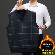 新款中老年男装毛线背心加绒加厚秋冬爸爸V领套头针织衫毛衣马甲