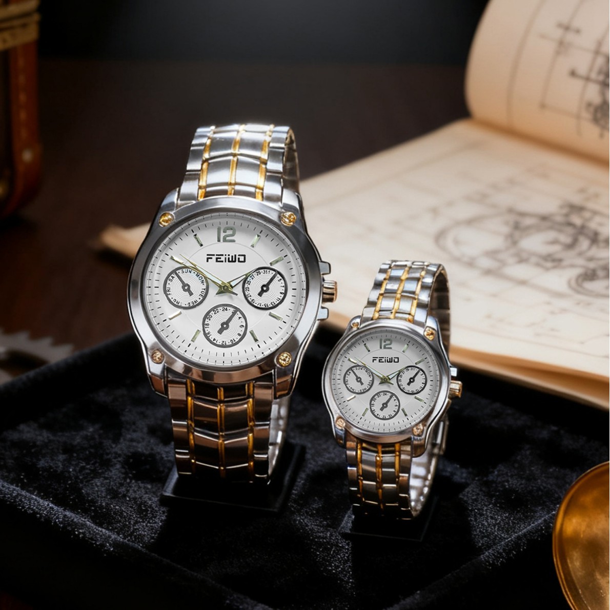 Feiwo Source Factory Wholesale Luminous Fashion Three-Eye Six-Pin Couple Watch Pair Watch Promotional Gift Watch