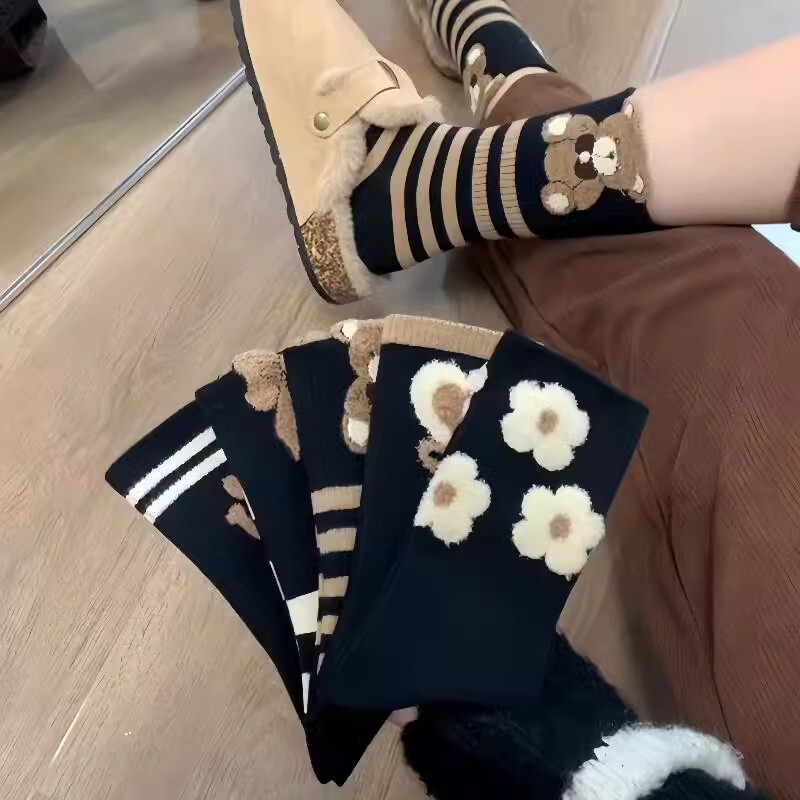 Plush Bear Socks Winter Women's Mid-tube Socks Black All-match Korean Style Long Tube Feather Yarn Socks Sweat-absorbent Deodorant Stockings