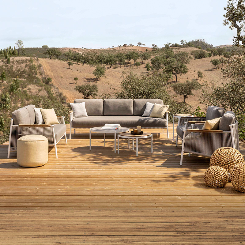 Sofá de exterior para patio, jardín, ocio, silla de ratán, muebles para villa, impermeable, con protección solar, juego de sofás de ratán y teca. image 3