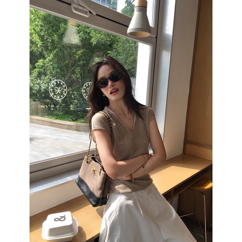 Pusumed Simple and Attractive V-Neck Rolled Hem Knitted Short Sleeve T-Shirt for Women, Casual Loose Cap Sleeve Top