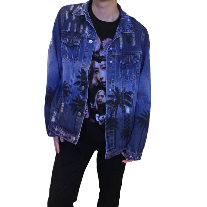 Men's Clothing denim rendering print gradient jacket high street correct version European and American street_voghion.com