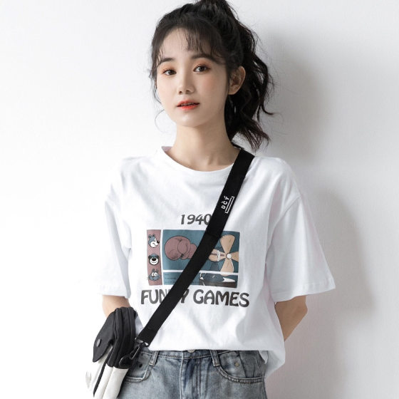 Hong Kong-style Short-sleeved T-shirt Women's Loose Korean-style Casual Western-style Harajuku-style T-shirt 2023 New Summer Half-sleeved ins Trendy