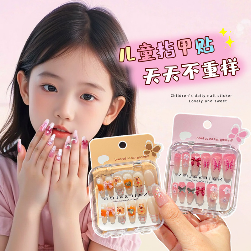 Children's Cartoon Cute Nail Stickers 2026 New Style Long Nail Stickers for Girls, Nail Stickers That Make Skin Look Fairer, Suitable for Elementary School Girls