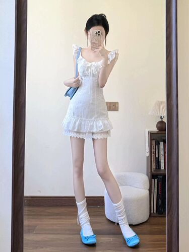 White dress, woman's summer beautiful first love, small white dress, summer beautiful dress, pure waist pinching a-line short skirt