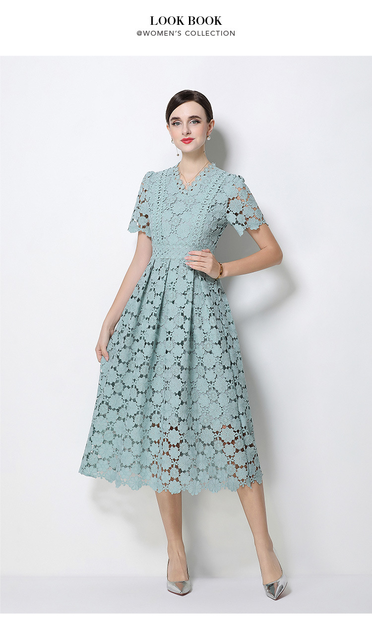 Đầm maxi nữ cổ V ren thắt eo tay ngắn họa tiết rỗng — màu đen, Rượu vang đỏ, màu hồng đậm, màu trắng chi tiết 68