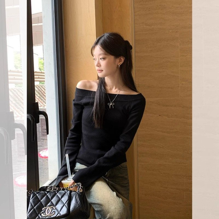 【人棉】斜肩露肩长袖打底女秋冬修身显瘦辣妹上衣打底衫设计|undefined