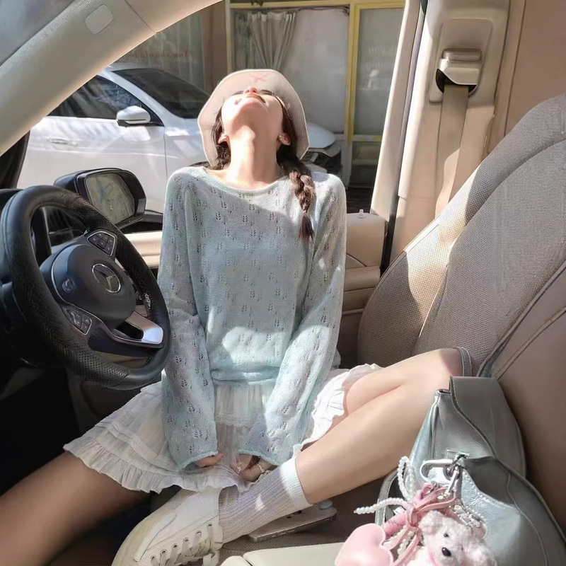 Early Spring Korean Style Hollow-Out Thin Blue Long-Sleeved Knitwear for Women, New Spring Sun Protection Cover-Up Top