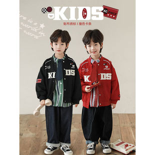 Wurib a boy cloth embroidered logo contrast baseball stand collar handsome motorcycle coat autumn children's casual top