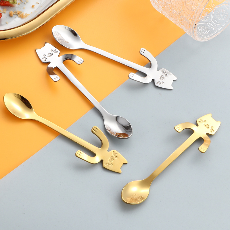 Cuchara de acero inoxidable 304 taza de dibujos animados creativa cuchara de café cuchara de gato colgante chapado en oro cuchara de helado de postre batido