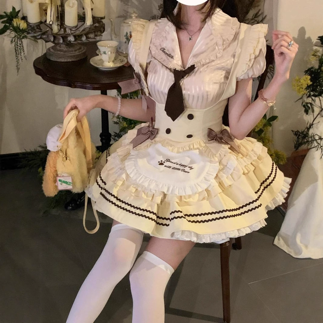Милая и милая рубашка с рюшами для девочек, жилет на талии, утягивающая юбка-пачка, новый комплект из трех предметов в стиле Лолиты.