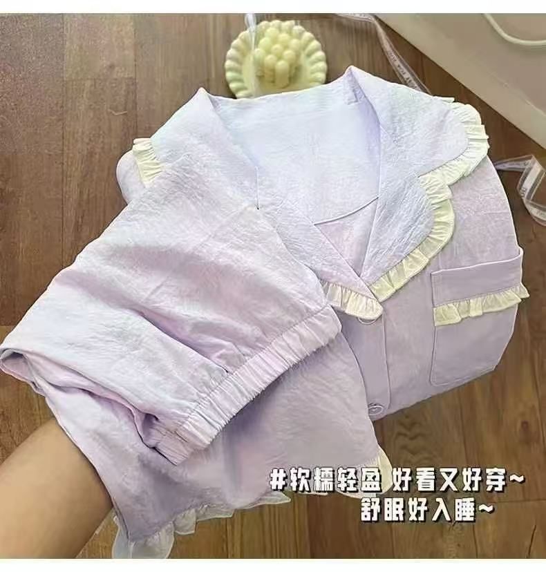 Al por mayor transfronterizo de verano de lótus nubes de algodón pijama con solapa cardigan de mangas cortas pantalones cortos trajes de ropa para el hogar