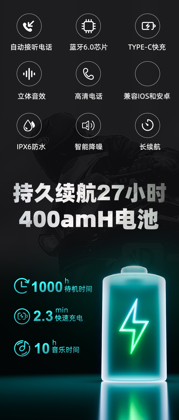 Motorcycle Helmet Bluetooth Headset Bluetooth 6.0 Intelligent Noise Reduction HIFI Sound Quality IPX6 Waterproof for Riding and Delivery