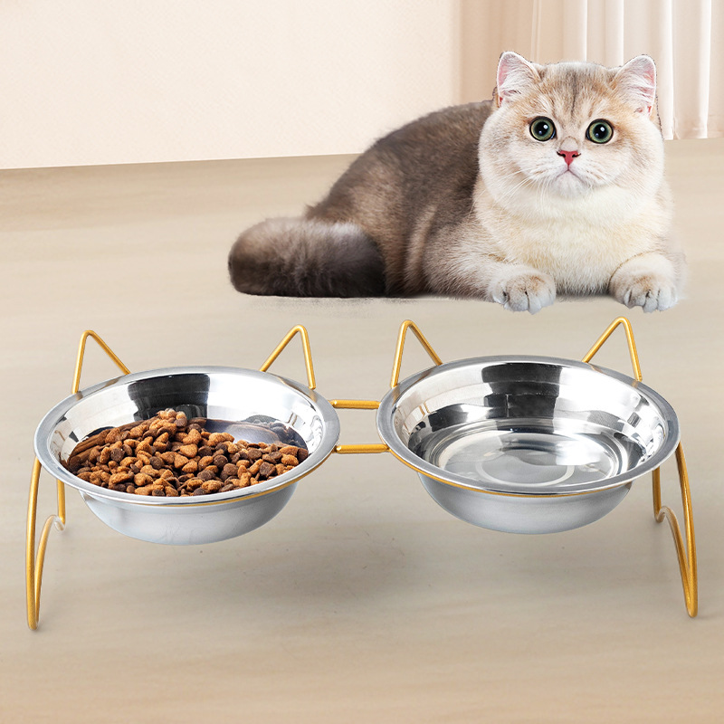 Tazón de acero inoxidable para gatos, tazón para perros, tazón para bebidas, tazón de grano para proteger la columna cervical, tazón para gatos de acero inoxidable para mascotas, doble tazón para gatos