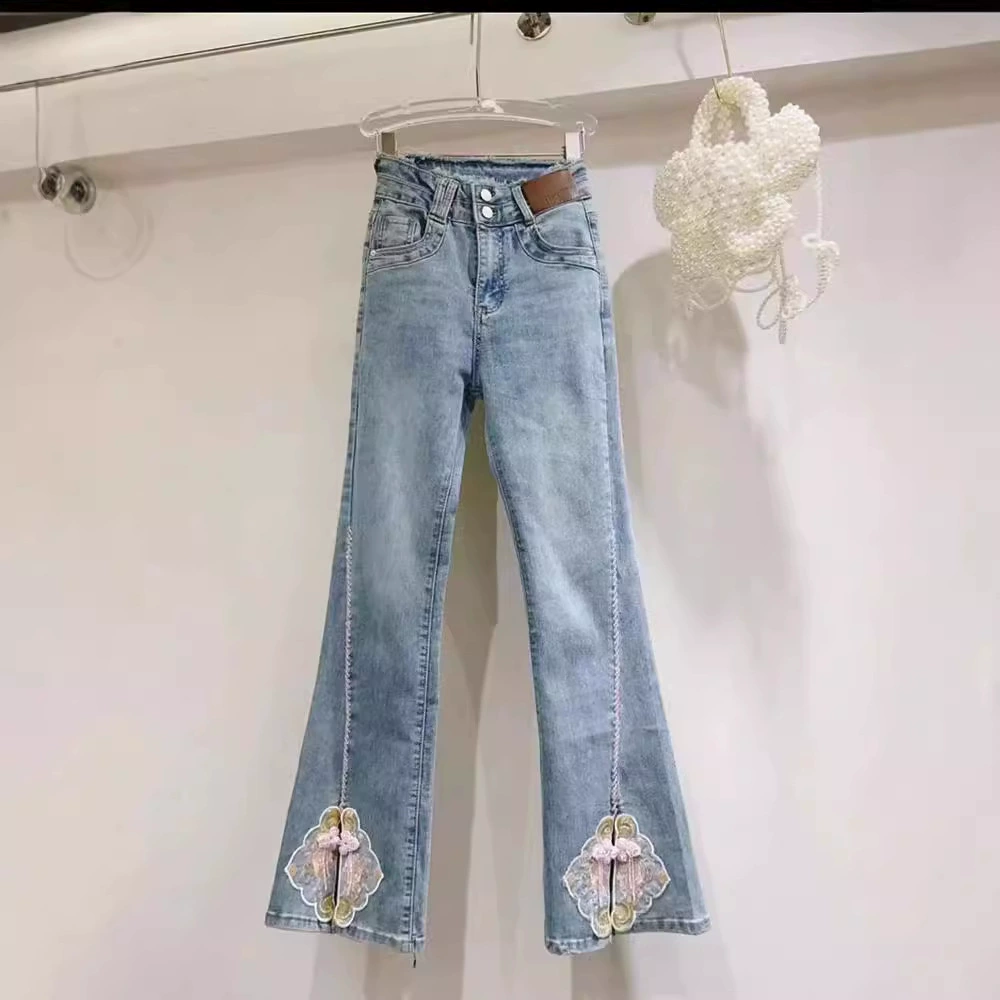 Новый китайский стиль Guofeng Heavy Industries Бусы с пряжкой Джинсы Женская весна 2025 Новый стиль с высокой талией тонкие брюки брюки