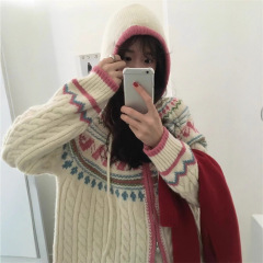 韩系复古麻花连帽费尔岛毛衣开衫女秋冬新款宽松慵懒拉链针织外套